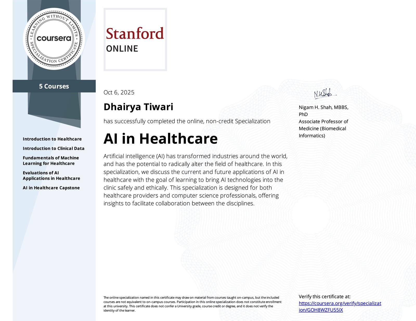 AI IN HEALTHCARE  SPECIALIZATION CERT FROM STANFORD